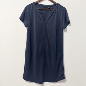 Tahari Marley Sheath Midi Dress Womens Size Medium Navy Blue Short Sleeve V-neck